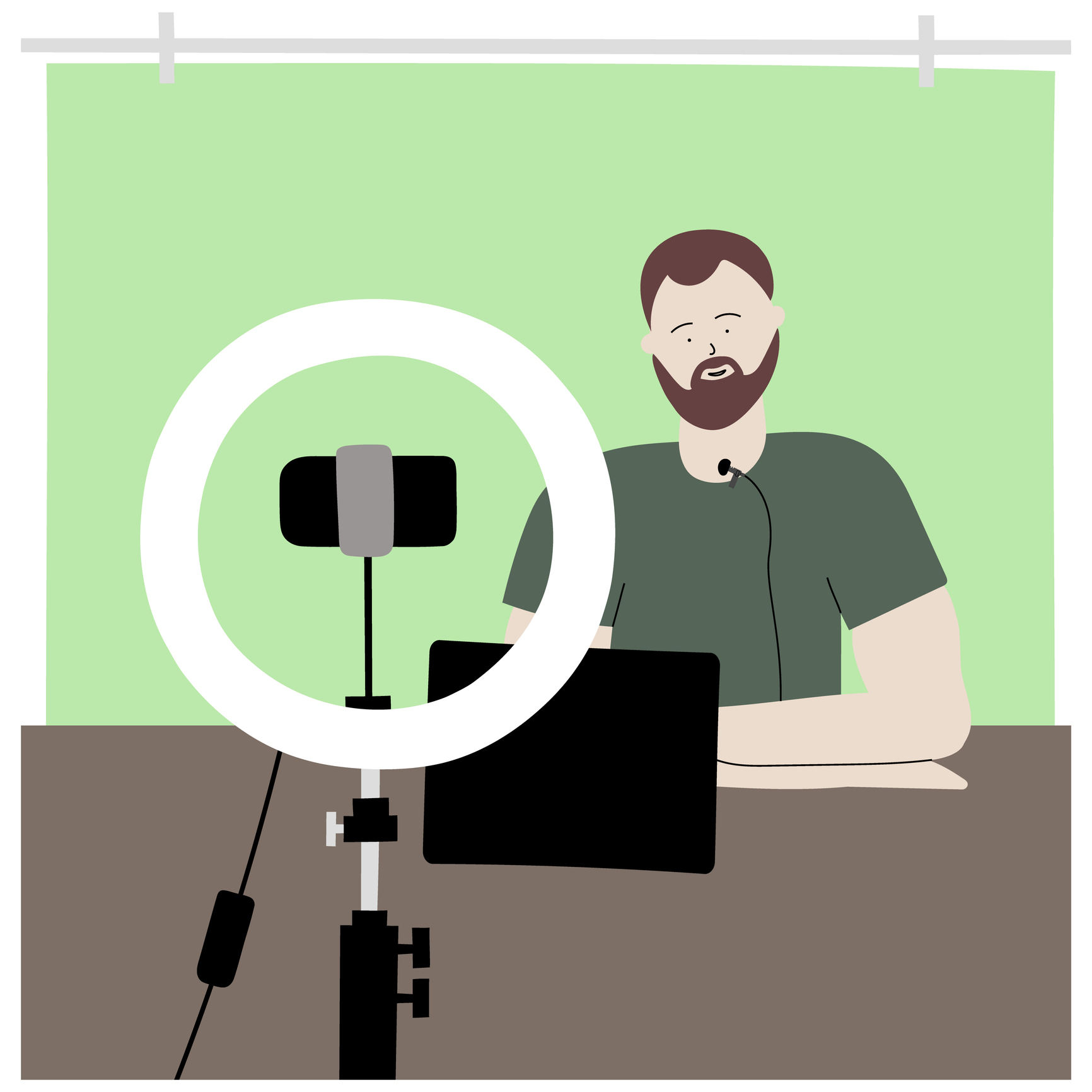 Vector handdrawn equipment for a vlogging. Blogger man making records with smartphone and ring light