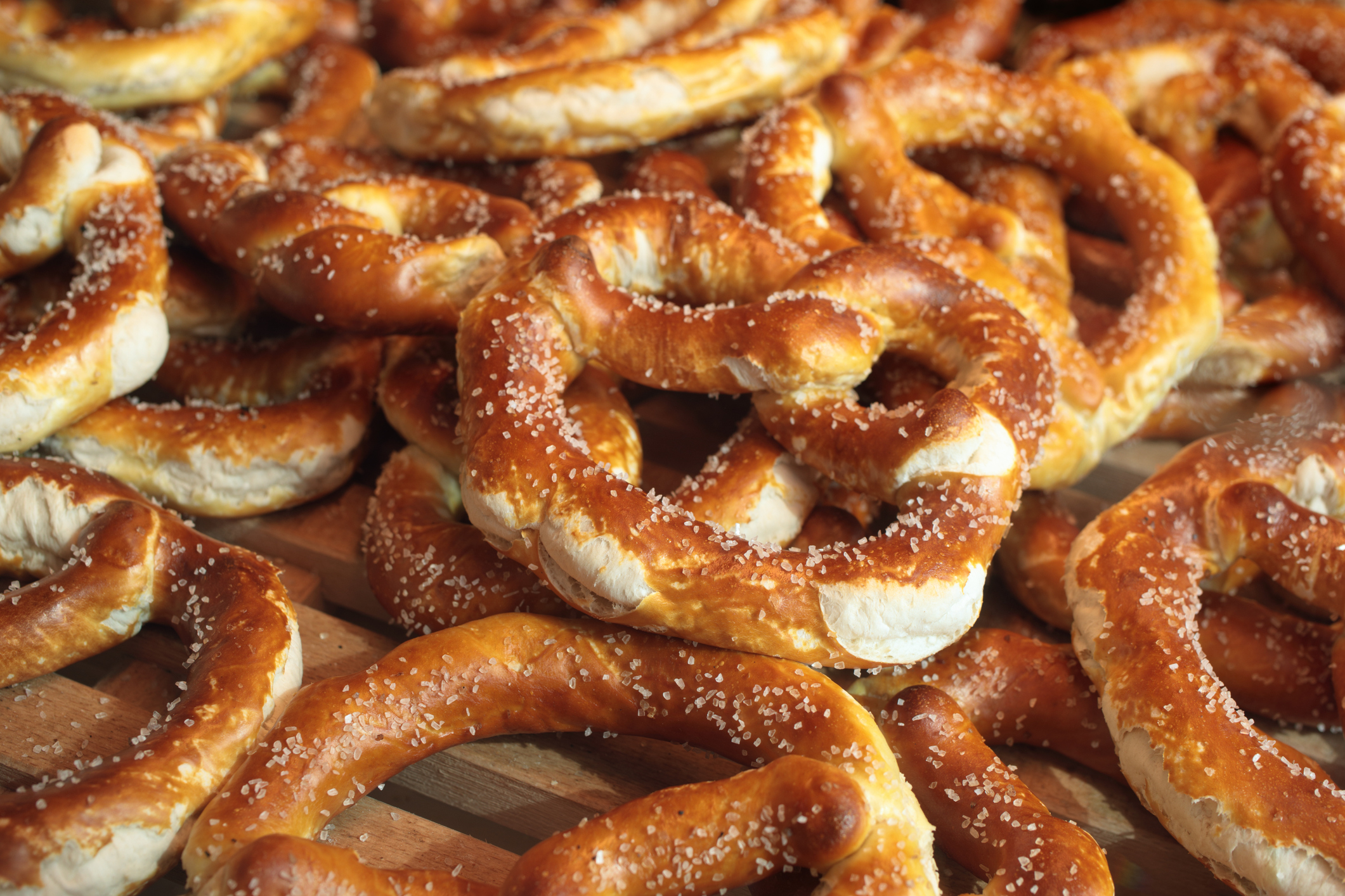 Background of pretzels on a market stall