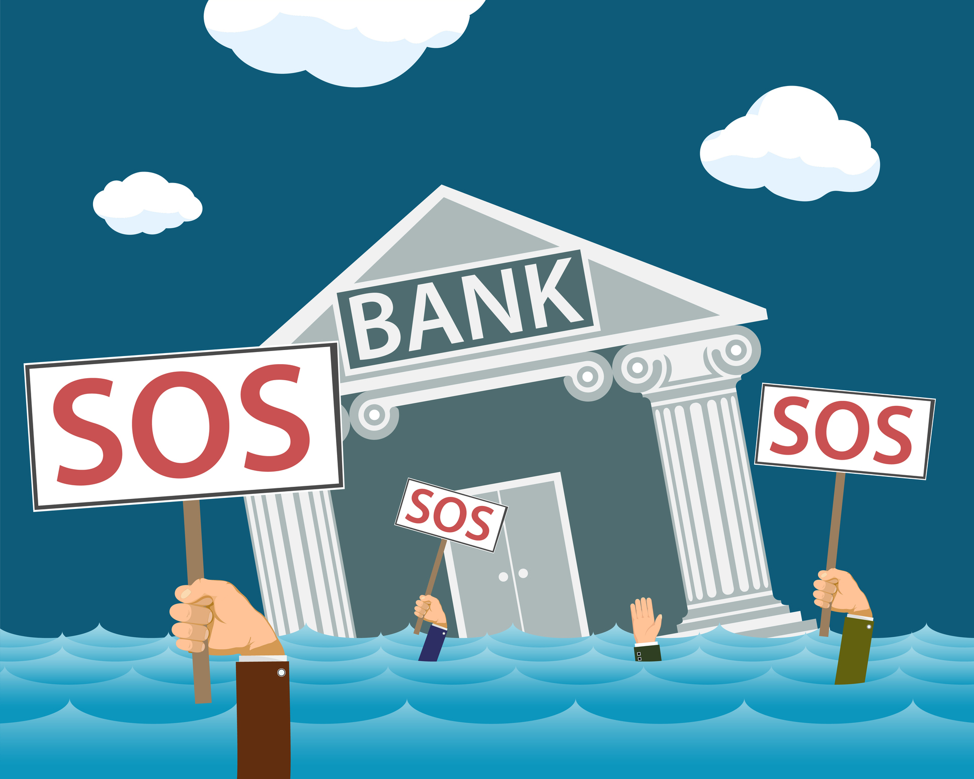 Businessmen hold signs with the word SOS