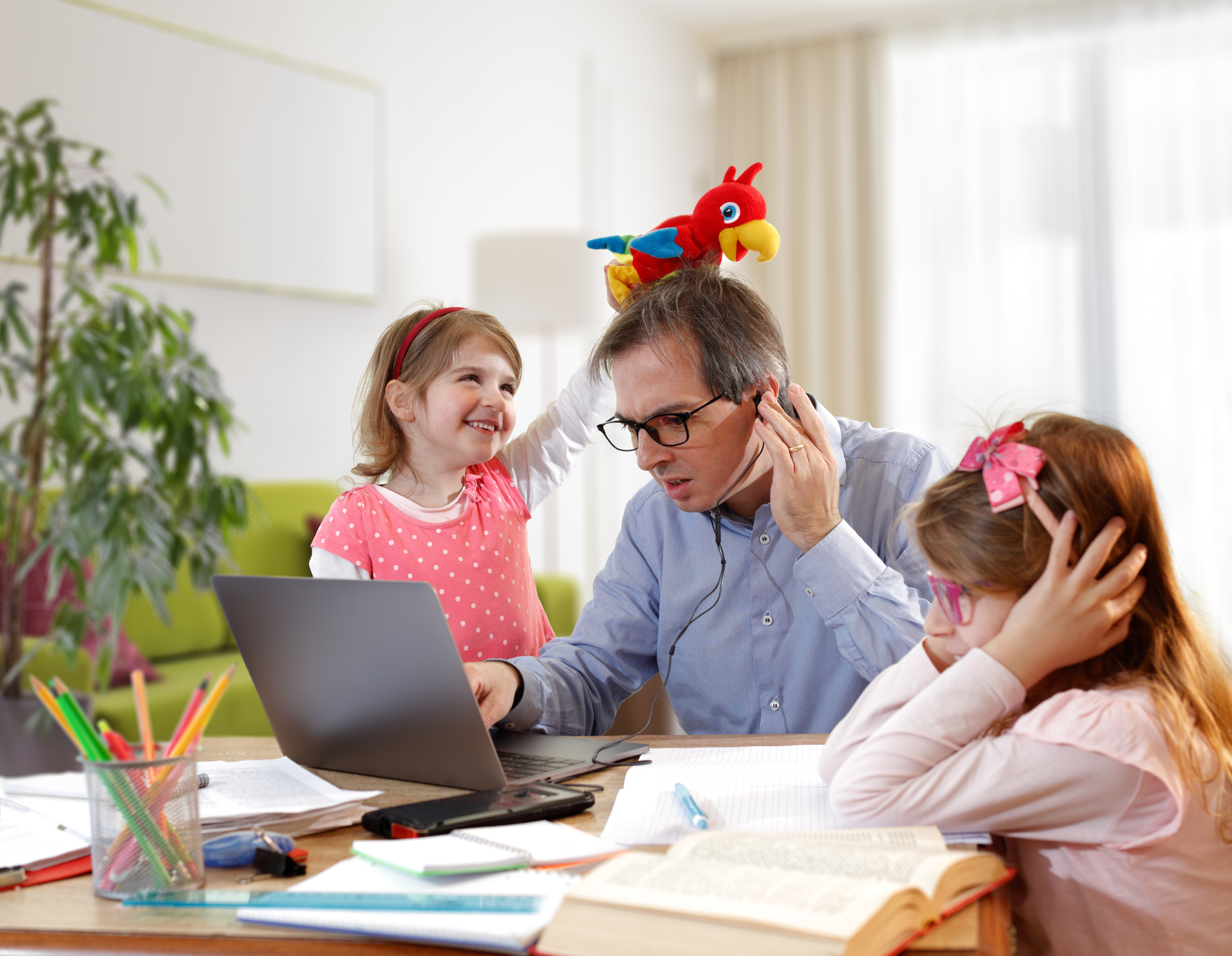 Caos - Father And Schoolgirl Working At Home - Telework And E-Learning
